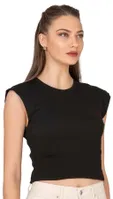 Kadın Pamuklu Fitilli Kaşkorse Düşük Kol Bisiklet Yaka Crop T-Shirt Bluz Özkan 27414 Siyah görsel 8