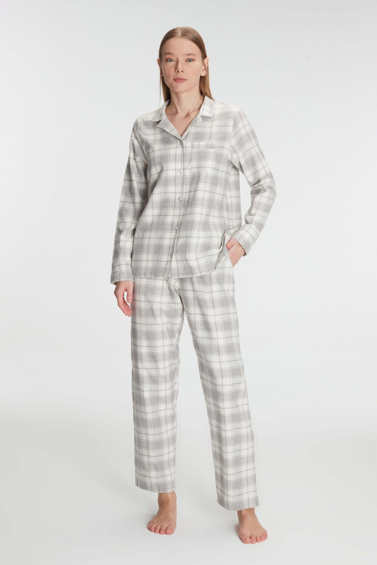 Kadın Pamuklu Kare Desenli Uzun Kollu Gömlek Pijama Takımı Anıl 11252