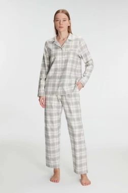 Kadın Pamuklu Kare Desenli Uzun Kollu Gömlek Pijama Takımı Anıl 11252