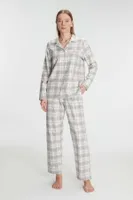 Kadın Pamuklu Kare Desenli Uzun Kollu Gömlek Pijama Takımı Anıl 11252 Gri