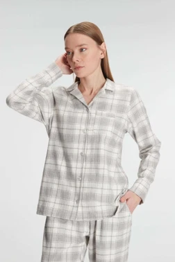 Kadın Pamuklu Kare Desenli Uzun Kollu Gömlek Pijama Takımı Anıl 11252 - Alternatif Görünüm