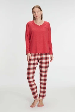 Kadın Pamuklu Kışlık Kare Desenli Uzun Kollu Pijama Takımı Anıl 11317