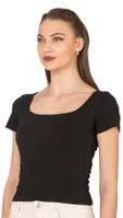 Kadın Pamuklu Rahat Kısa Kollu Süprem Kumaş Kare Yaka Crop T-Shirt Özkan 27419 Siyah farklı açı