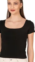 Kadın Pamuklu Rahat Kısa Kollu Süprem Kumaş Kare Yaka Crop T-Shirt Özkan 27419 Siyah görsel 6