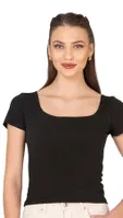 Kadın Pamuklu Rahat Kısa Kollu Süprem Kumaş Kare Yaka Crop T-Shirt Özkan 27419 Siyah görsel 5