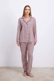 Anıl Kadın Pamuklu Uzun Kol Düğmeli Gömlek ve Ekose Pantolon Pijama Takımı Zamansız Şıklık Anıl 11627