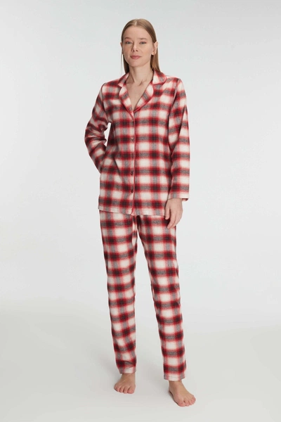 Kadın Pamuklu Uzun Kollu Kare Desenli Gömlek ve Pantolon Pijama Takımı Anıl 11238