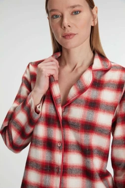 Kadın Pamuklu Uzun Kollu Kare Desenli Gömlek ve Pantolon Pijama Takımı Anıl 11238 - Alternatif Görünüm