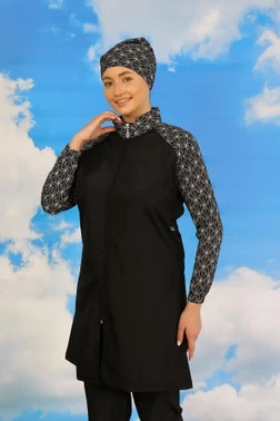 Kadın Pantolonlu Desenli Tam Tesettür Mayo Siyah Akbeniz 31072