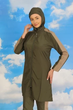 Kadın Pantolonlu Kolu Şeritli Tam Tesettür Mayo Haki Akbeniz 31065 - Alternatif Görünüm