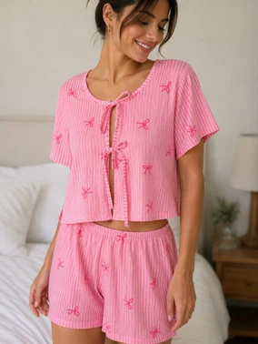 Kadın Pembe Çizgili Önden Bağlamalı Kısa Kollu Şortlu Pijama Takımı Bella Notte 79146 - Alternatif Görünüm