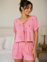 Kadın Pembe Çizgili Önden Bağlamalı Kısa Kollu Şortlu Pijama Takımı Bella Notte 79146 Pembe