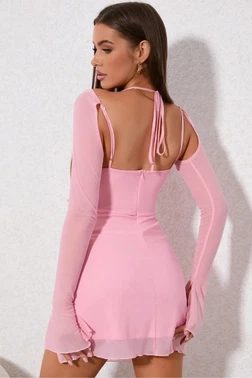 Kadın Pembe Degaje Yaka Askılı Tül Kollu Mini Abiye Elbise Real Passione E1077 - Alternatif Görünüm
