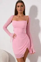 Kadın Pembe Degaje Yaka Askılı Tül Kollu Mini Abiye Elbise Real Passione E1077 Pembe görsel 5