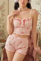 Kadın Pembe Ekose Gül Desenli Askılı Crop Atlet ve Fırfırlı Şort Pijama Takımı Bella Notte 7669 Pembe görsel 4