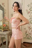 Kadın Pembe Ekose Gül Desenli Askılı Crop Atlet ve Fırfırlı Şort Pijama Takımı Bella Notte 7669 Pembe görsel 6