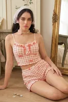 Kadın Pembe Ekose Gül Desenli Askılı Crop Atlet ve Fırfırlı Şort Pijama Takımı Bella Notte 7669 Pembe görsel 7