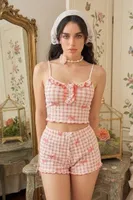 Kadın Pembe Ekose Gül Desenli Askılı Crop Atlet ve Fırfırlı Şort Pijama Takımı Bella Notte 7669 Pembe görsel 5