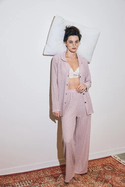 Kadın Pembe Önden Düğmeli Rahat Kesim Pijama Takımı Akbeniz 27956