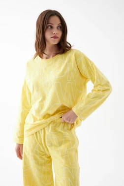 Kadın Sarı Desenli Oversize Kalın Pamuklu Pijama Takımı Akbeniz 2788 - Alternatif Görünüm