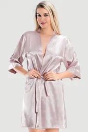 NBB Kadın Saten Yazı İşlemeli Kuşak Bağlamalı Pudra Bride Sabahlık NBB 3232