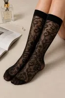 Kadın Siyah Çiçek Desenli Dantelli Diz Altı İnce Çorap Bella Notte 1198 Siyah görsel 4