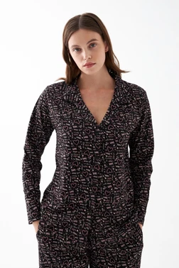 Kadın Siyah Kalp Desenli Düğmeli Pamuklu Pijama Takımı Akbeniz 27951