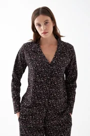 Kadın Siyah Kalp Desenli Düğmeli Pamuklu Pijama Takımı Akbeniz 27951