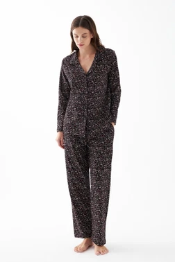 Kadın Siyah Kalp Desenli Düğmeli Pamuklu Pijama Takımı Akbeniz 27951 - Alternatif Görünüm