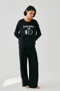 Kadın Siyah Sleep Mode On Baskılı Oversize 2 İplik Eşofman Takımı Akbeniz B3333 - Alternatif Görünüm