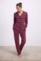 Kadın Uzun Kol Düğmeli Gömlek ve Ekose Pantolon Pijama Takımı Anıl 11580