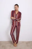 Kadın Uzun Kollu Düğmeli Çizgili Pijama Takımı Anıl 11578 Bordo