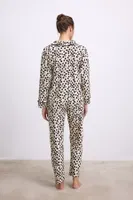 Kadın Uzun Kollu Gömlek Yaka Leopar Desenli %100 Pamuk Pijama Takımı Anıl 11550 Krem detay görünüm
