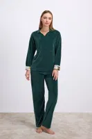 Kadın Uzun Kollu Kadife Sweatshirt ve Pantolon Takım Yumuşak ve Şık Ev Giyimi Anıl 11555 Koyu Yeşil