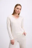 Kadın Uzun Kollu Pijama Takımı Şık V Yaka ve Minimal Tasarım Anıl 11616 Fil Dişi detay görünüm