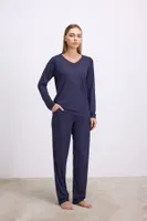 Kadın Uzun Kollu Pijama Takımı Şık V Yaka ve Minimal Tasarım Anıl 11616 Lacivert görsel 4