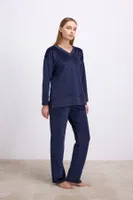 Kadın Uzun Kollu Sweatshirt ve Pantolon Pijama Takımı Konforlu Uyku & Ev Giyimi Anıl 11573 Lacivert