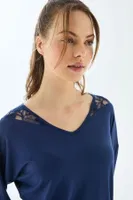 Kadın Uzun Kollu T-Shirt ve Pantolon Pijama Takımı Anıl 11499 Lacivert farklı açı