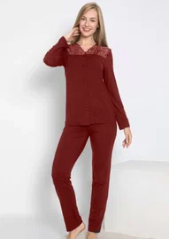 Kadın Uzun Kol Dantelli Önü Düğmeli Pijama Takımı Confeo C840-243