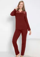 Kadın Uzun Kol Dantelli Önü Düğmeli Pijama Takımı Confeo C840-243 Bordo