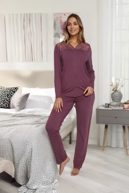 Kadın Uzun Kol Dantelli Önü Düğmeli Pijama Takımı Confeo C840-243 - Alternatif Görünüm
