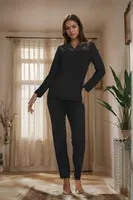 Kadın Uzun Kol Dantelli Önü Düğmeli Pijama Takımı Confeo C840-243 Siyah farklı açı