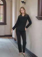 Kadın Uzun Kol Dantelli Önü Düğmeli Pijama Takımı Confeo C840-243 Siyah görsel 4