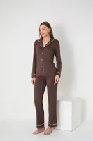 Kadın Uzun Kol Viskon Önü Düğmeli Pijama Takımı Confeo C840-058 Acıkahve