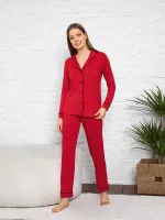 Kadın Uzun Kol Viskon Önü Düğmeli Pijama Takımı Confeo C840-058 Kızılcık detay görünüm
