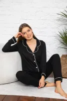 Kadın Uzun Kol Viskon Önü Düğmeli Pijama Takımı Confeo C840-058 Siyah görsel 5
