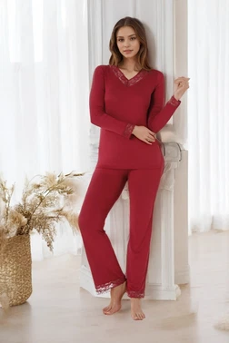 Kadın Viskon Uzun Kol V Yaka Dantelli Pijama Takımı Confeo C840-066