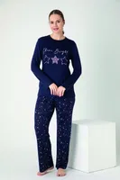Kadın Viskon Bisiklet Yaka Önü Baskılı Uzun Kol Pijama Takım Confeo C840-900 Lacivert