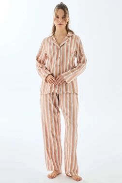 Kadın Viskon Çizgili Uzun Kollu Gömlek ve Pantolon Pijama Takımı Anıl 11498