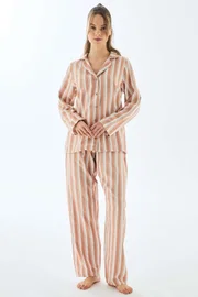 Kadın Viskon Çizgili Uzun Kollu Gömlek ve Pantolon Pijama Takımı Anıl 11498